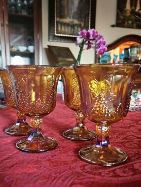 Vintage Indiana Glass Carnival Glass Goblets Marigold Harvest Grape Set of 4